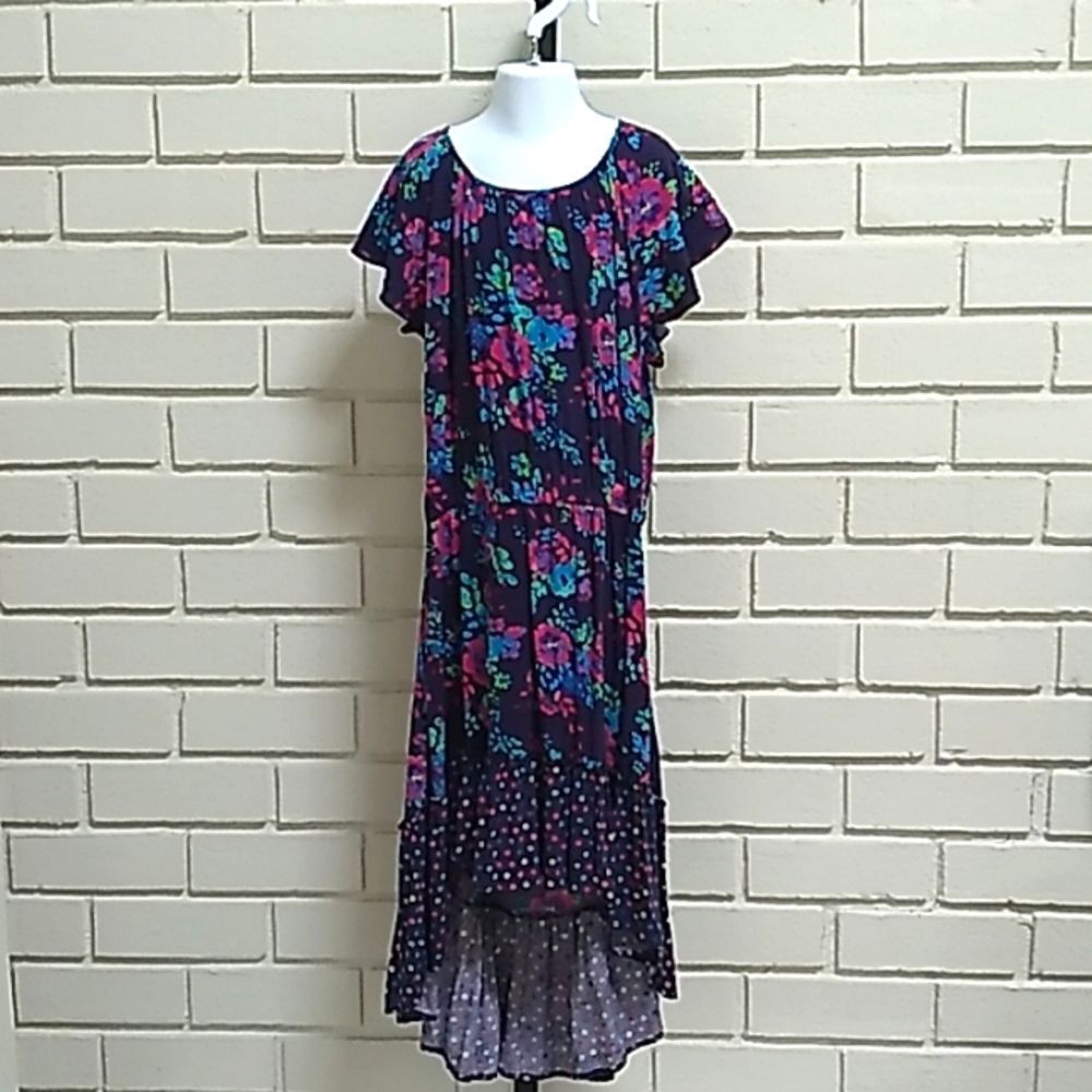 1989 Place Girls Multicolor Floral & Pok A Dot High Low Ruffle Dress. Size 14